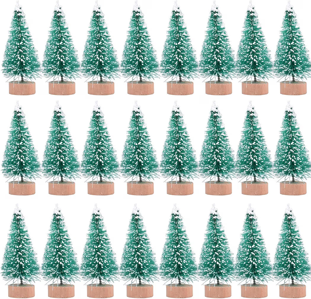 24 Pieces Artificial Mini Christmas Sisal Snow Frost Trees with Wood Base Bottle Brush Trees Plas... | Amazon (US)