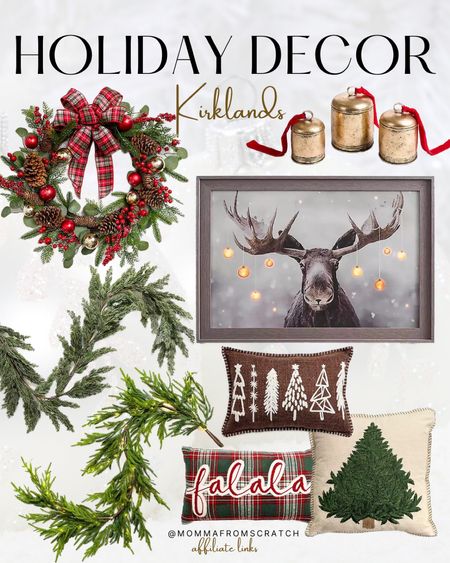 Holiday decor at kirklands is festive and beautiful for Christmas time! Large moose picture, cedar garlands, Christmas pillows, gold bells and wreath

#LTKhome #LTKHoliday #LTKfindsunder100