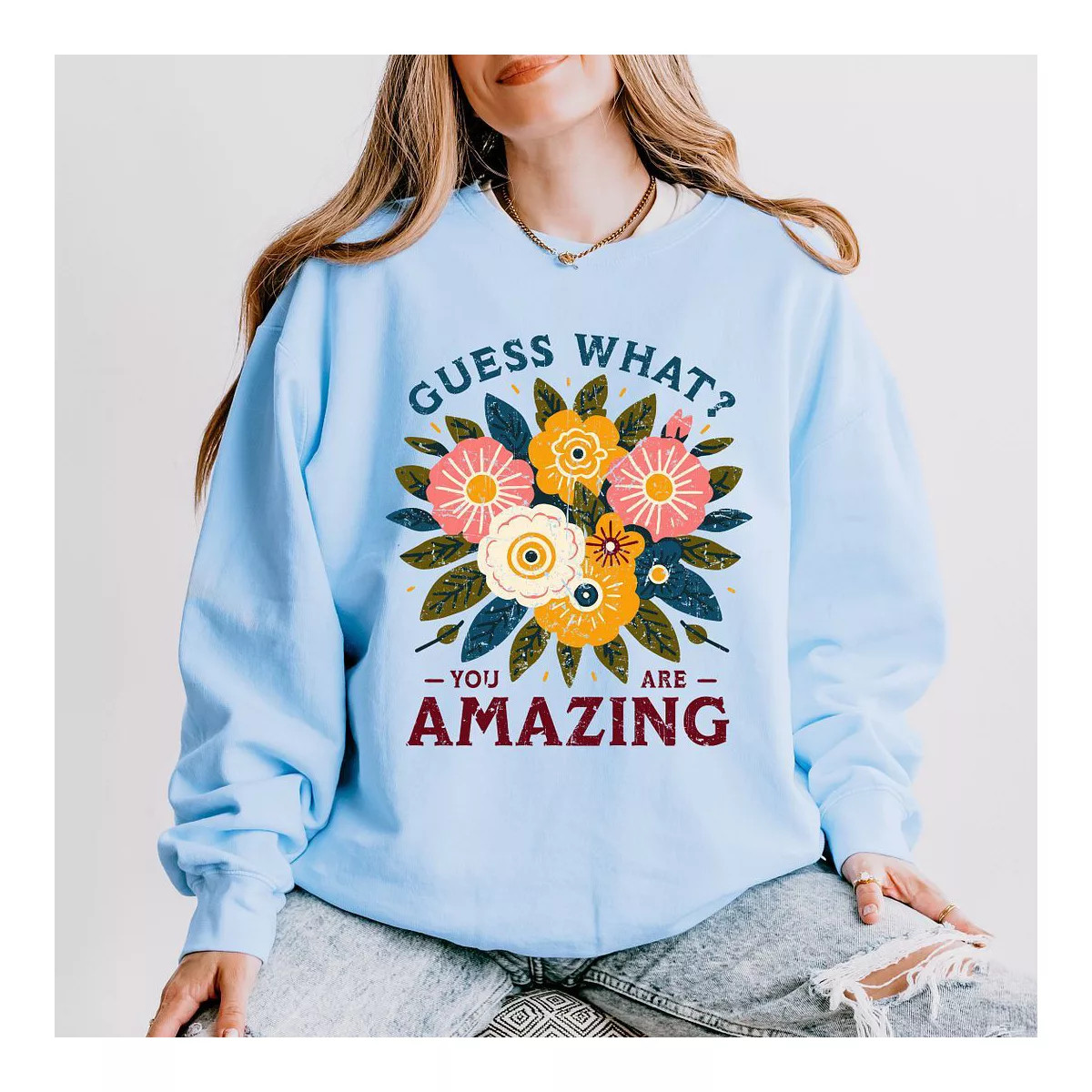 Simply Sage Market Women's Lightweight Garment Dyed Graphic Sweatshirt Guess What Flowers | Target