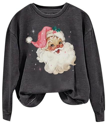 Retro Pink Santa Christmas Sweatshirt Women Vintage Santa Claus Graphic Tee Casual Long Sleeve Xmas Pullover Top (M, Gray) | Amazon (US)