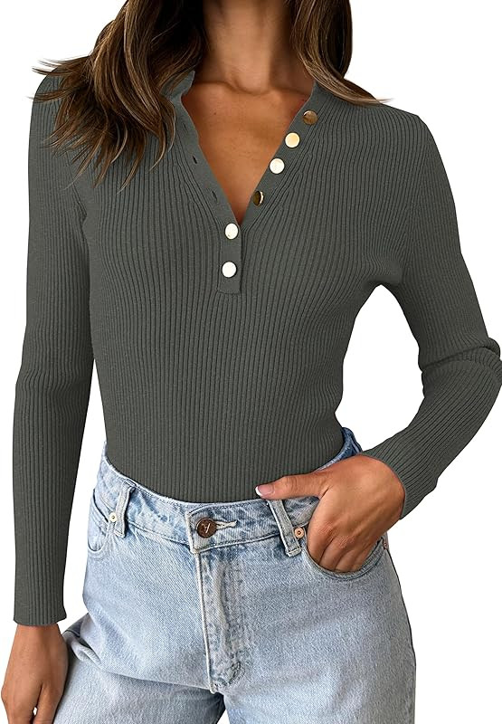 ZESICA Women's 2023 Long Sleeve Button Down V Neck Slim Fitted T Shirts Fall Casual Ribbed Knit B... | Amazon (US)