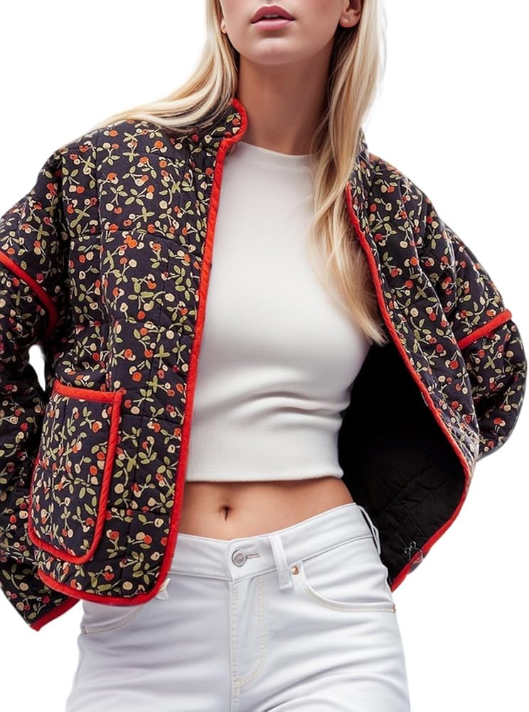 YKR Women's Cropped Puffer Jacket Floral Print Quilted Puffer Jackets Open Front Lightweight Shor... | Amazon (US)