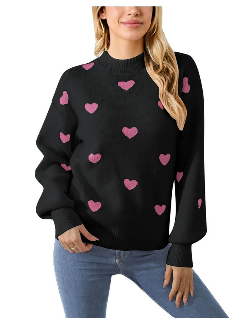Drvitor Valentines Sweaters for Women Mock Neck Lantern Sleeve Cute Heart Sweater Casual Loose Kn... | Walmart (US)