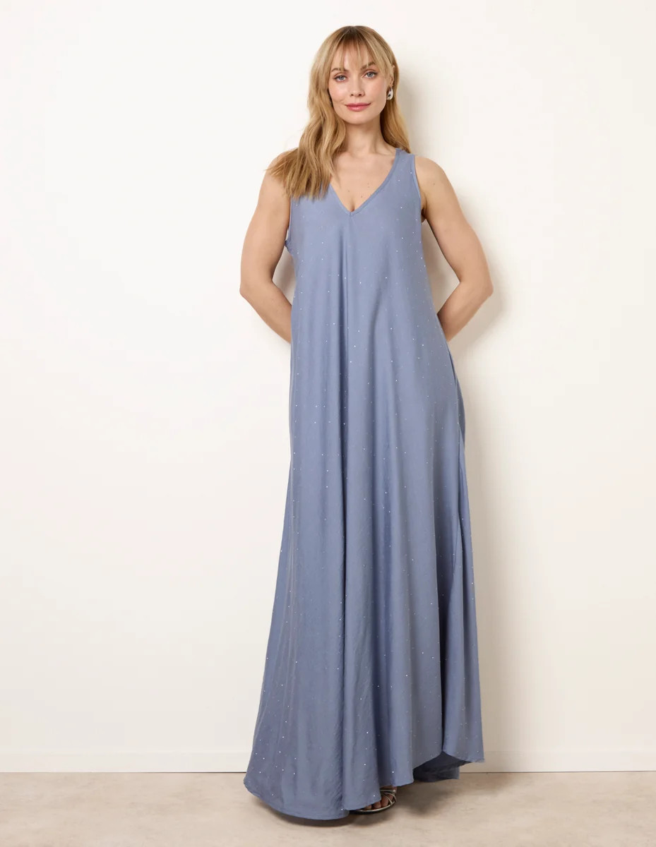 Denim | Diamante V Neck Dress | Blue Vanilla | Blue Vanilla
