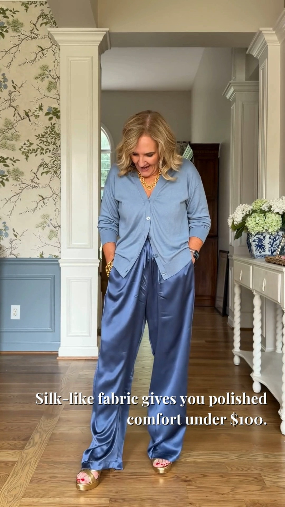 Tap the bell 🔔, heart ❤️ this post, and save for later!

This light blue cardigan and silky wide-leg pants are an easy way to look polished while staying comfortable. The tonal blue combination feels elegant and effortless for lunch, travel, or a special outing.

Fit note: Medium in the top, Large on the pants

#LTKootd #LTKWedding #LTKOver40