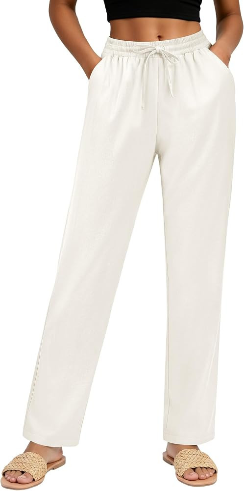 Women's Linen Pants High Waist, Summer Lightweight Straight Leg Casual Beach Vacation Outfits wit... | Amazon (US)
