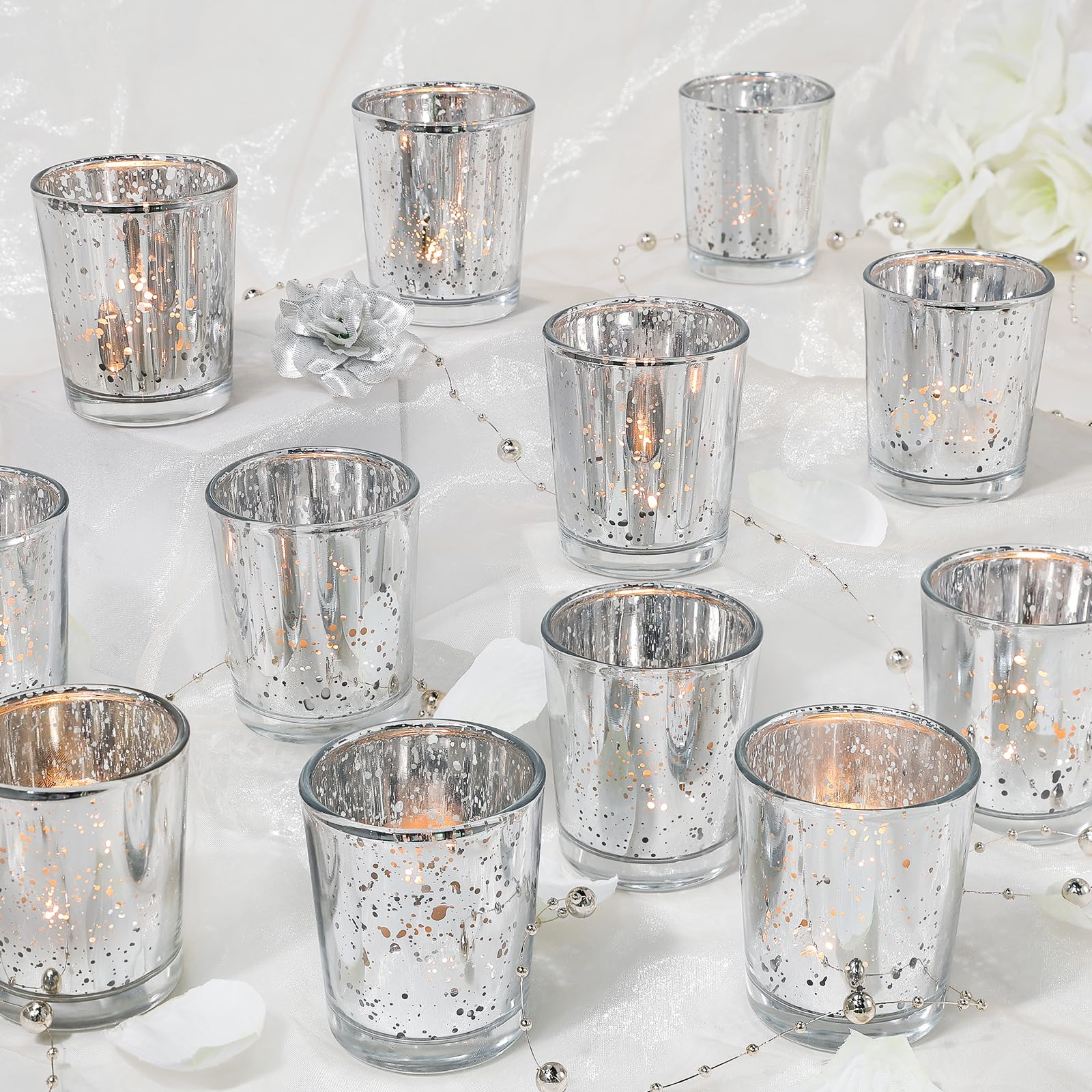Votive Candle Holders Set of 24, Speckled Mercury Silver Candle Holders for Wedding Centerpiece T... | Amazon (US)