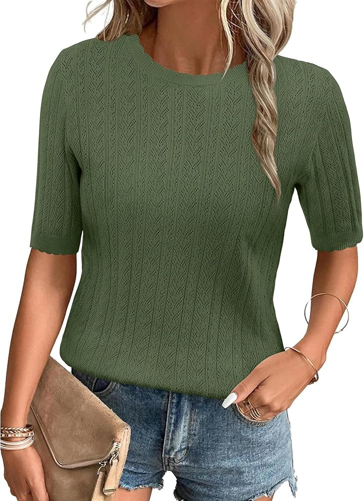 Arach&Cloz Women's Spring Summer Scalloped Short Sleeve Tops Textured Shirts | Amazon (US)