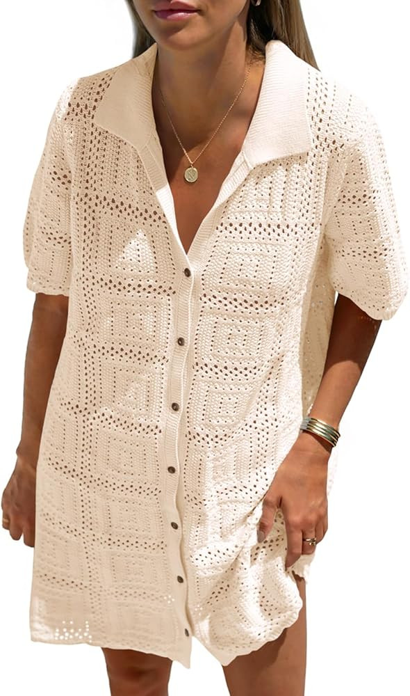 Saodimallsu Womens Crochet Swimsuit Cover Up Dress Short Sleeve Button V Neck Knit Summer Beach V... | Amazon (US)