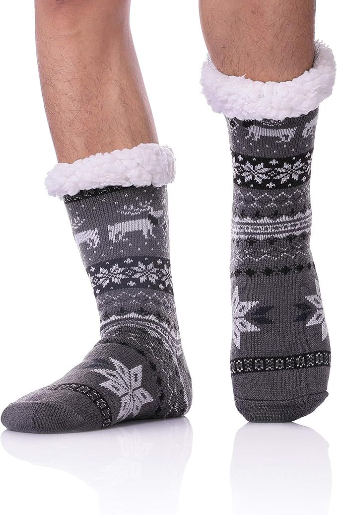 DYW Mens Fuzzy Slipper Socks Warm Thick Heavy Thermal Fleece lined Fluffy Winter Non Slip Socks | Amazon (US)