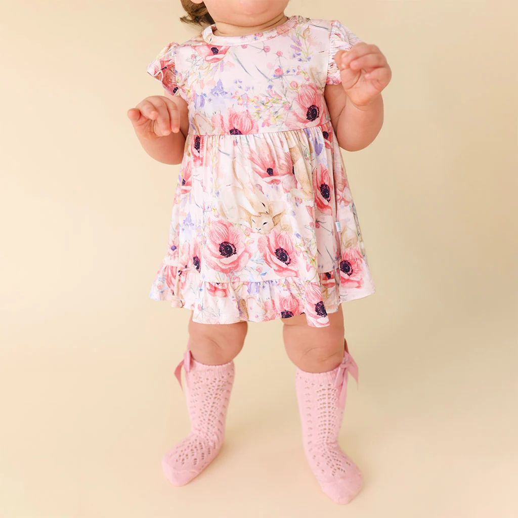 Bunny Floral Pink Ruffled Baby Bodysuit Dress | Everly Rose | Posh Peanut