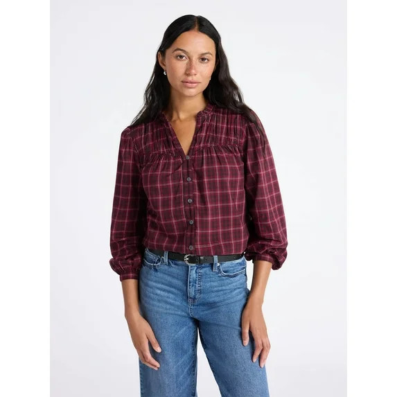 Time and Tru Women's Ruched Yoke Blouse with Long Sleeves, Sizes XS-XXXL | Walmart (US)