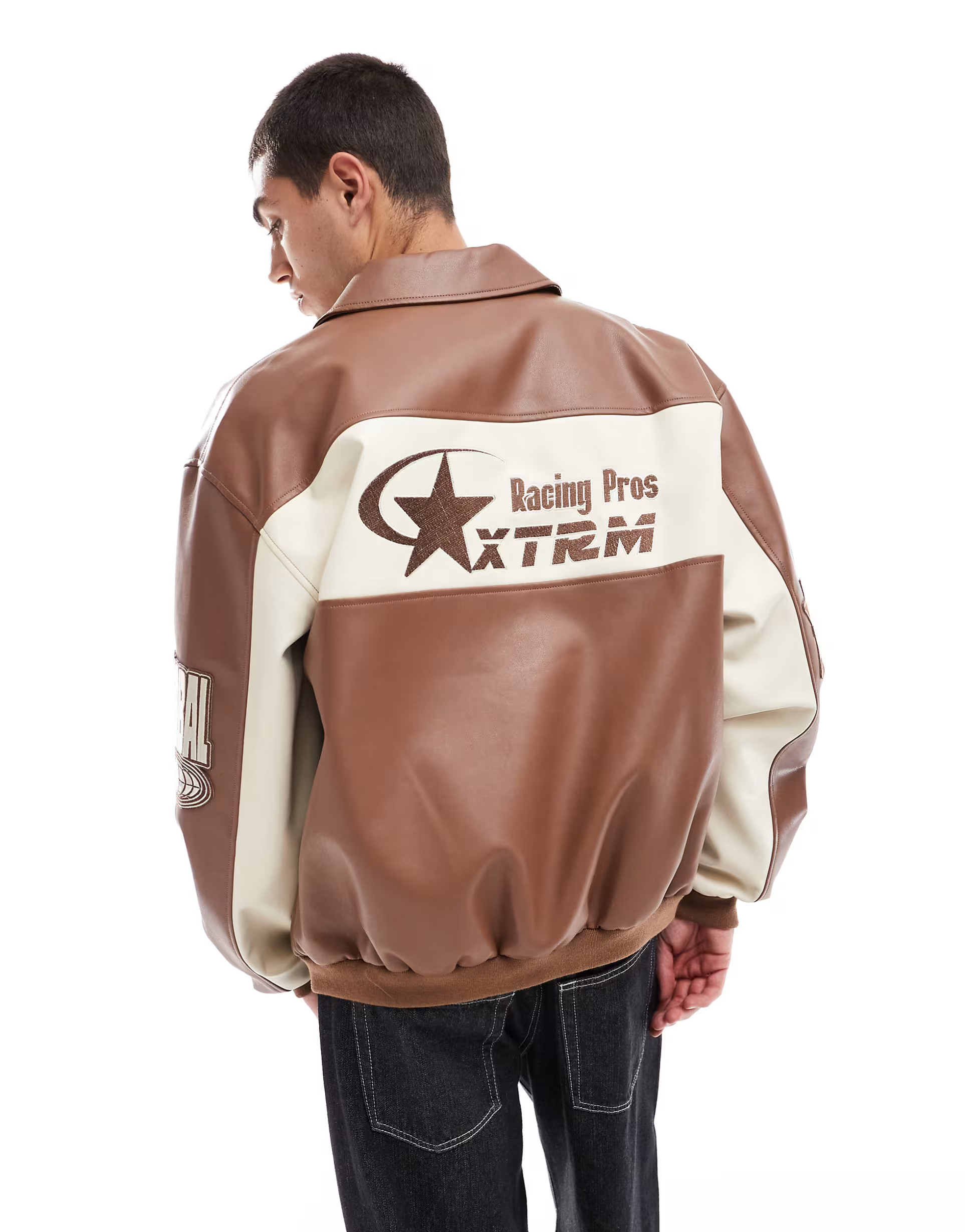 ASOS DESIGN faux leather oversized motocross jacket in tan | ASOS (Global)