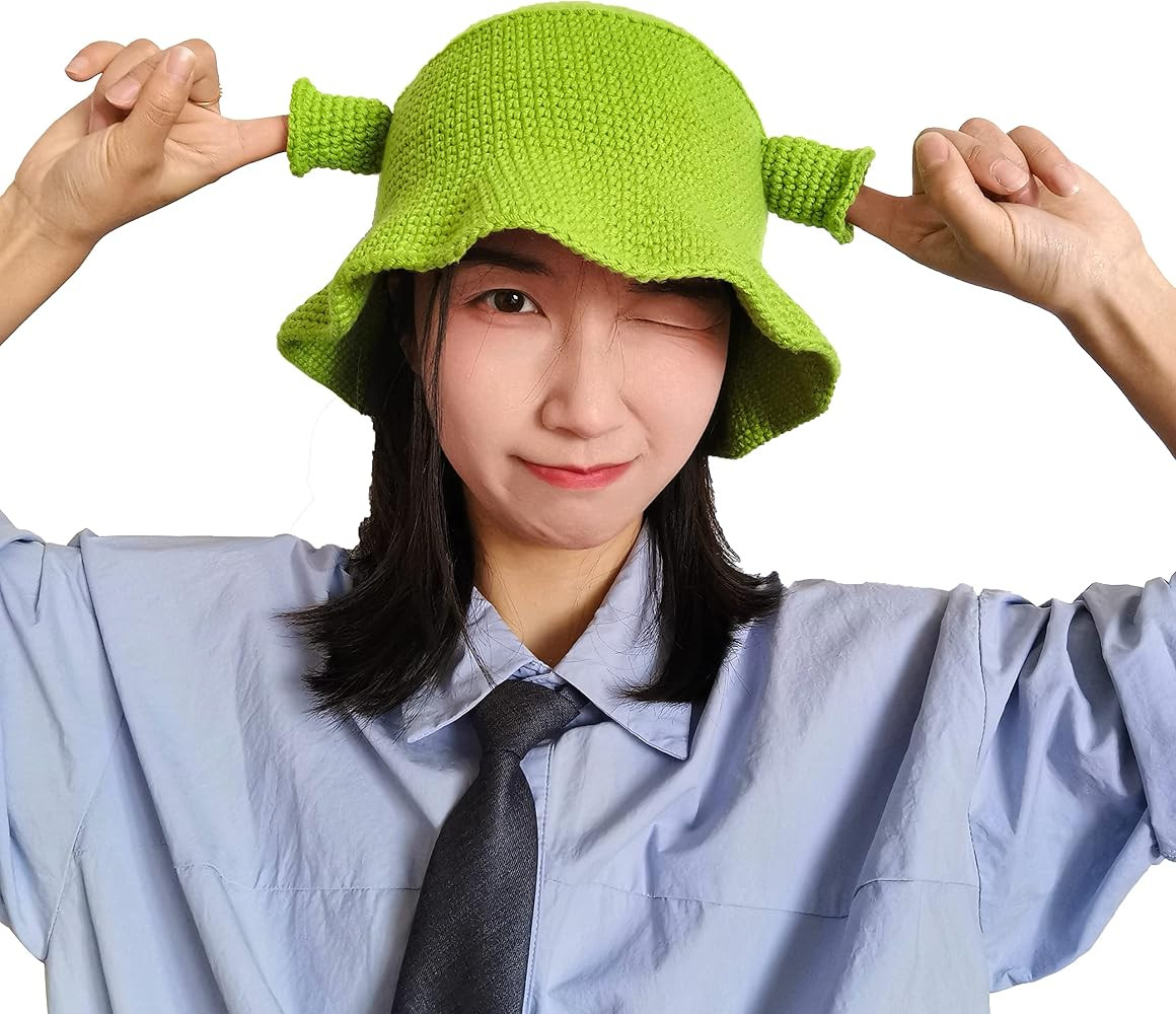 Knitted Bucket Hat, Shrek Hats with Ears, Adult Halloween Costume Kid Cosplay Prop, Handmade Croc... | Amazon (US)