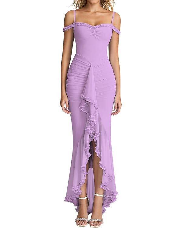 KUTUMAI Women Ruffle Bodycon Maxi Dress Ruched Long Formal Cocktail Wedding Guest Dresses | Amazon (US)