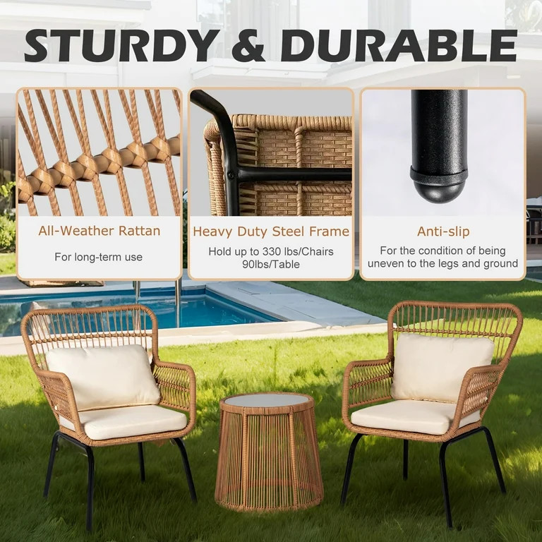 Tappio 3-Piece Patio Conversation Bistro Set Rattan Furniture, Outdoor Patio Set w/Glass Top Tabl... | Walmart (US)