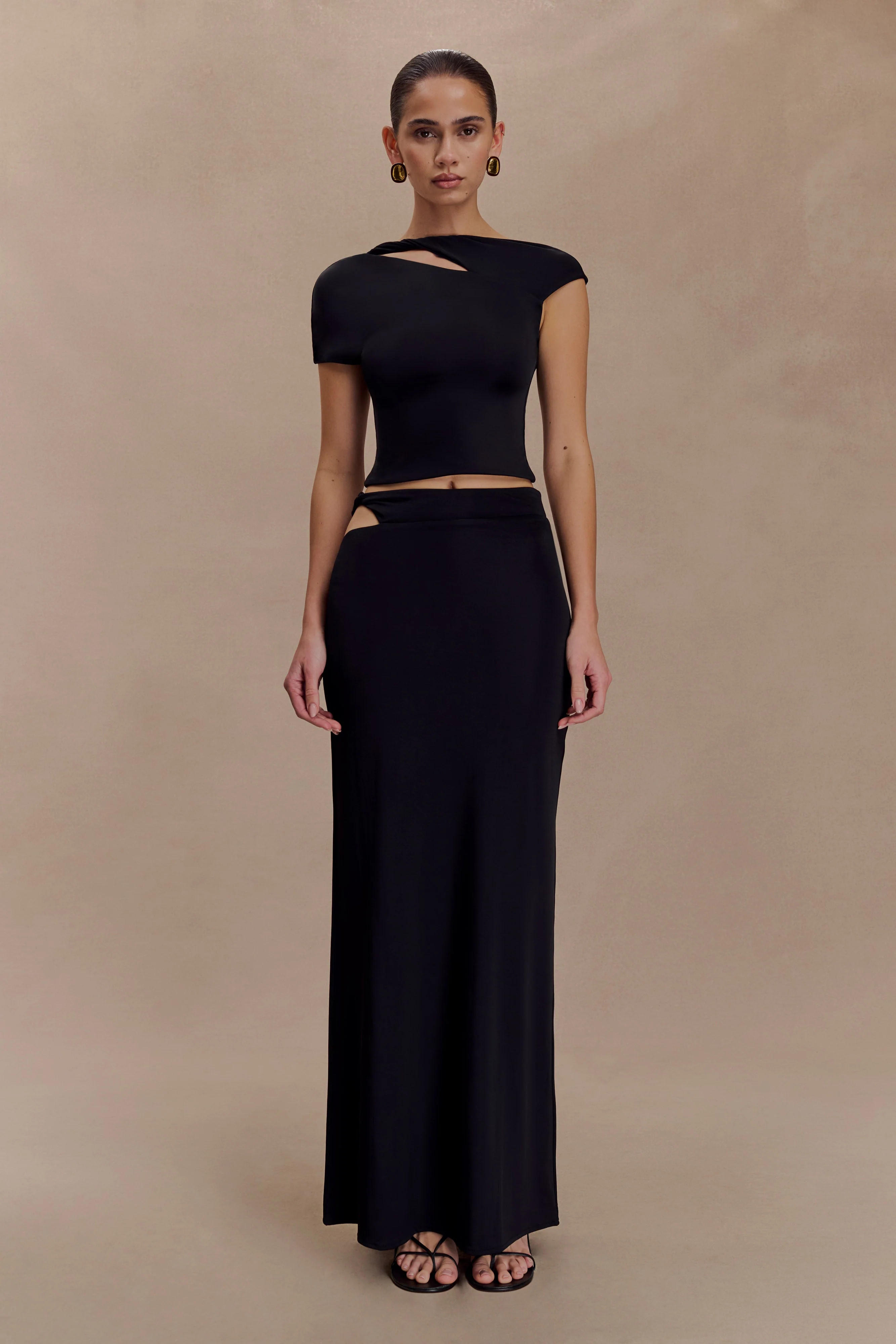 Haven Slinky Twist Midi Skirt - Black | MESHKI US