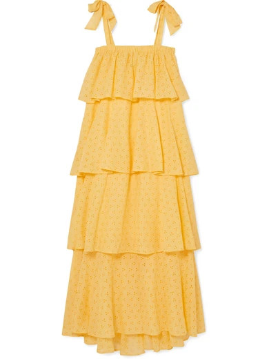 MDS Stripes - Garden Tiered Cotton Broderie Anglaise Dress - Yellow | NET-A-PORTER (US)