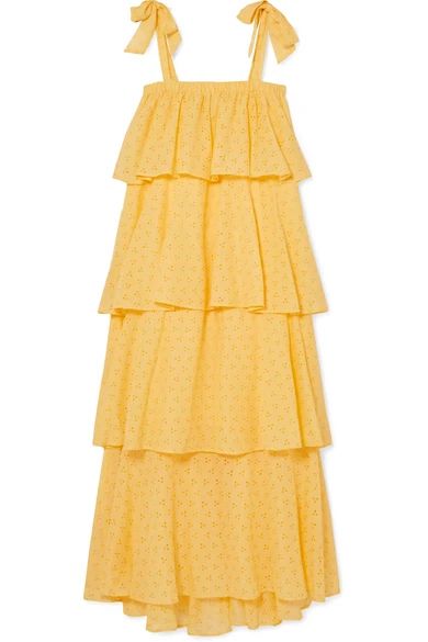 MDS Stripes - Garden Tiered Cotton Broderie Anglaise Dress - Yellow | NET-A-PORTER (US)