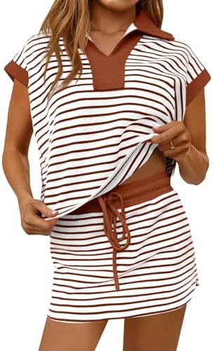 Fisoew Womens Striped 2 Piece Outfits Casual Sweatshirt Skirt Set Short Sleeve Skort Workout Set ... | Amazon (US)