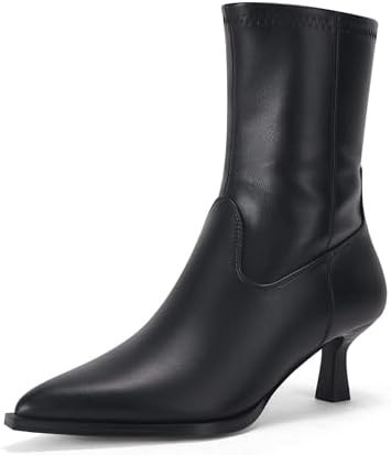 Coutgo Womens Pointed Toe Ankle Boots Stacked Kitten Low Heel Side Zipper Fall Booties Shoes | Amazon (US)
