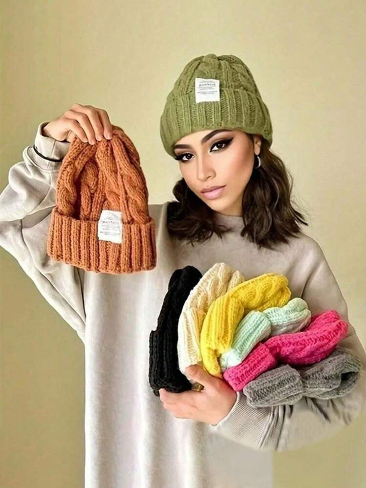 1pc Beanie Hat - Cable Knit, Cold-Proof, Warm, Versatile Solid Color Knitted Hat For Women, Loose... | SHEIN