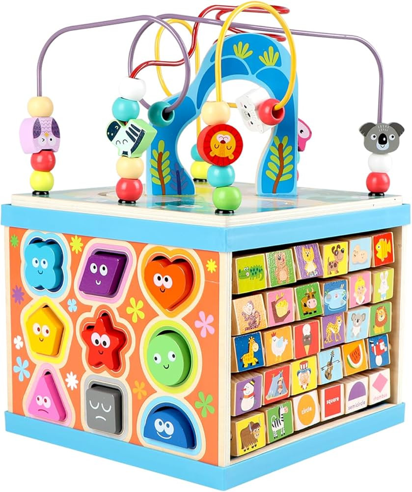 Qilay Wooden Activity Cube for Toddlers, 5 in 1 Multipurpose ABC-123 Abacus Early Educational Mon... | Amazon (US)