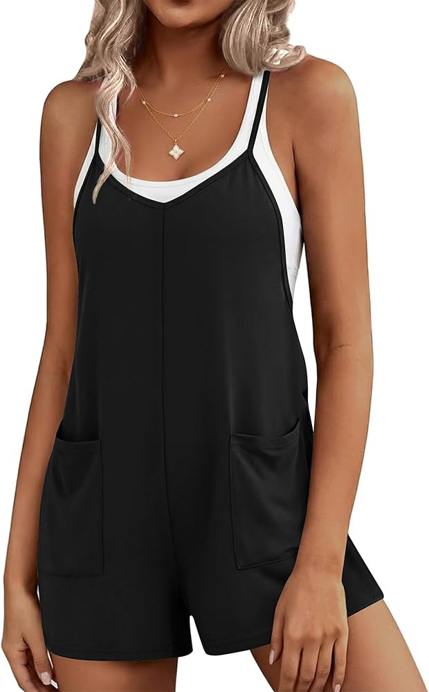 Amazon.com: Ekouaer Rompers for Women Summer Casual Sleeveless Short Overalls Boho Spaghetti Stra... | Amazon (US)