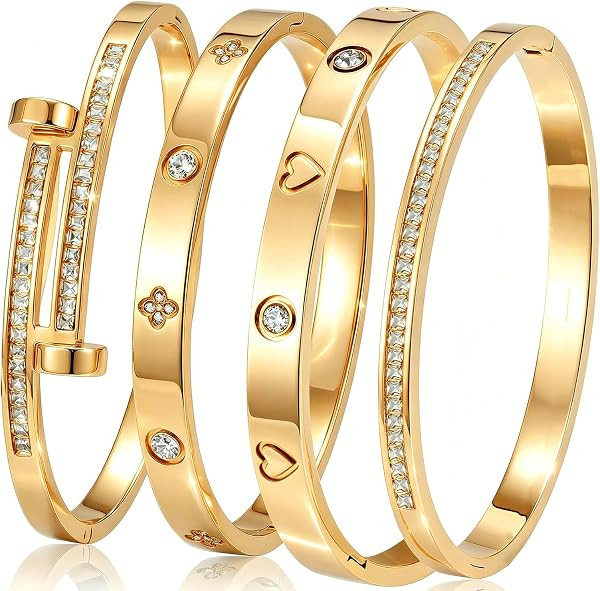 Camhanno Gold Bangle Bracelets for Women, 18K Gold Plated Stainless Steel Stackable Bangles, Non-Tarnish Trendy Jewelry, Ideal Gift for Birthday Anniversary | Amazon (US)