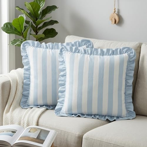 VMPODCS 2 Pcs Coastal Scalloped Striped Pillow Covers with Ruffle 20 x 20 Inch Blue White Decorative Throw Cushion Covers for Couch Sofa Bed Living Room Patio | Amazon (US)