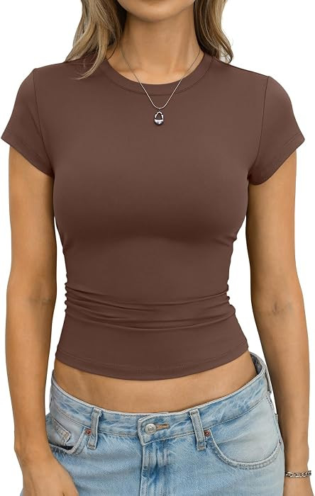 Eachyes Womens Short Sleeve Slim Fitted Shirts Basic Casual Crop Tops | Amazon (US)