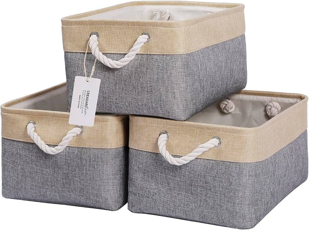 Fabric Storage Basket Set of 3, Foldable Linen Storage Box for Nursery and Home, Collapsible Canv... | Amazon (US)