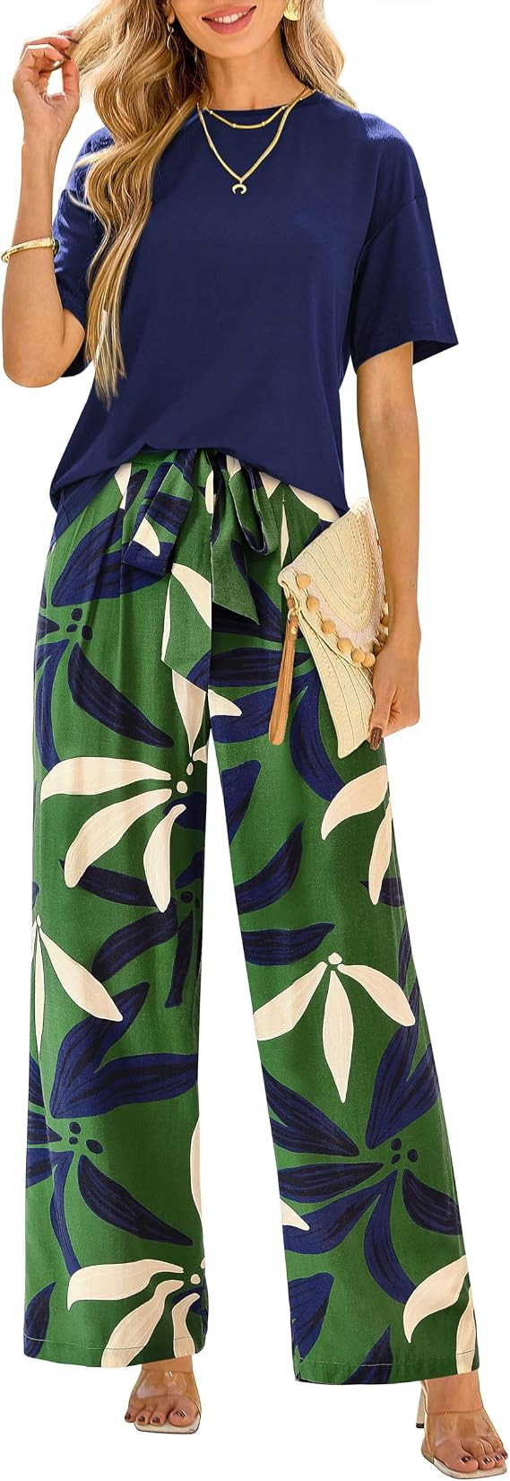 PRETTYGARDEN Women Summer 2 Piece Outfits 2026 Short Sleeve Knit Top Floral Print Belted Wide Leg... | Amazon (US)