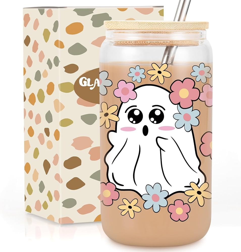 GSPY Halloween Ghost Iced Coffee Glass Cups, 16oz Cute Floral Ghost Glass Cups with Lids and Stra... | Amazon (US)