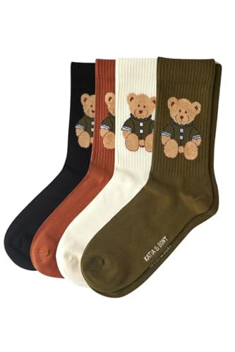Katia&Bony Teddy Bear Crew Socks – 4 Pack Cute Animal Cotton Socks for Women & Men – Cozy Warm Winter Crew Socks – Funny Bear Design – Black, Rust, Olive, Ecru Colors | Amazon (US)