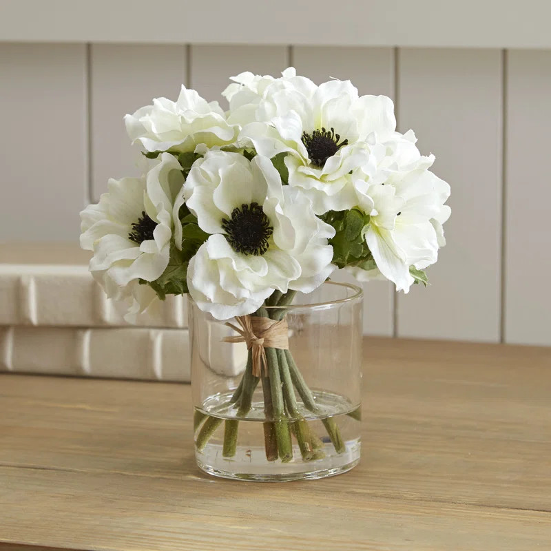 White Anemone Short Bouquet in Glass Vase | Wayfair North America