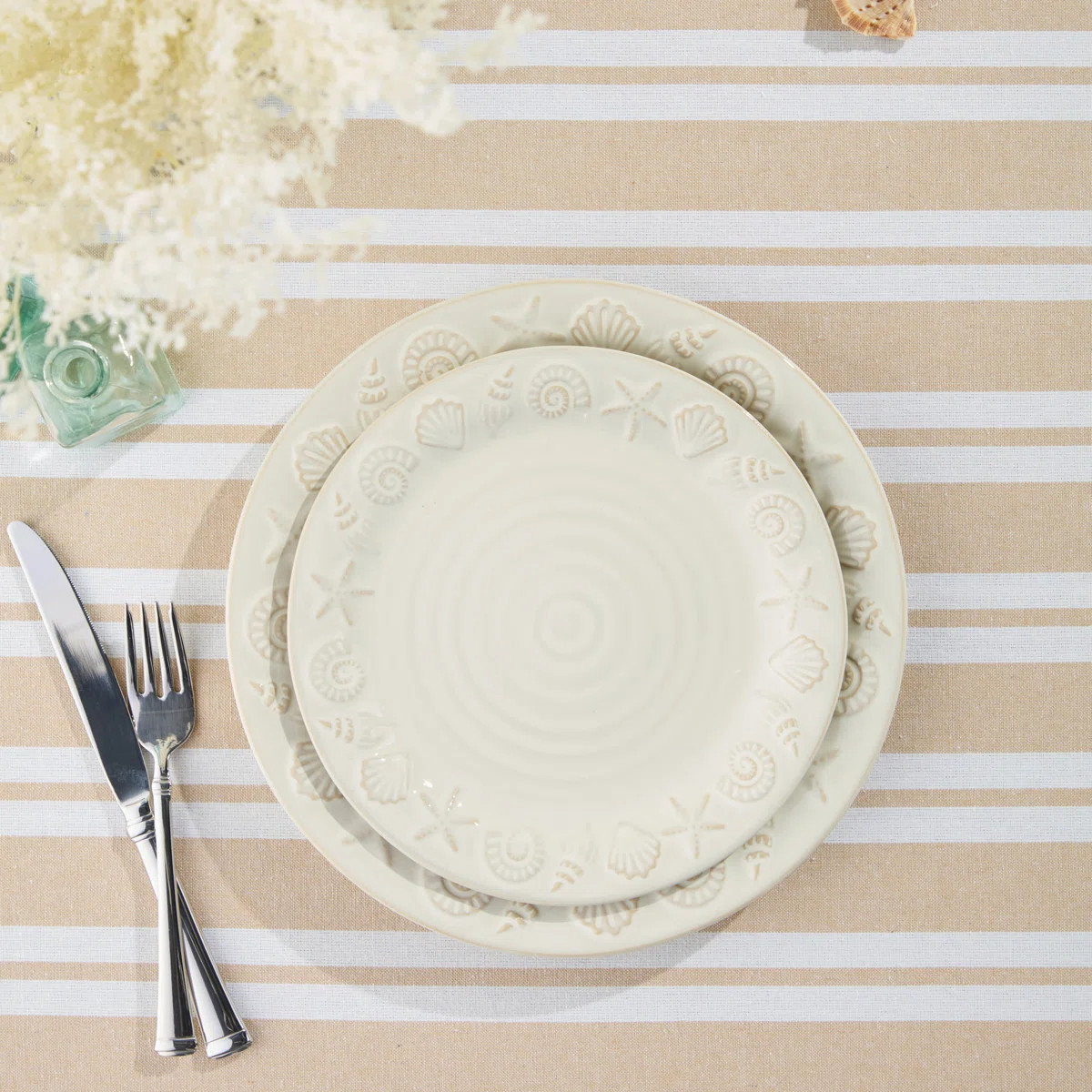 Coastline Cream Stoneware Salad Plate Set of 4, 8.5-inch embossed coastal shell and starfish plat... | Wayfair North America