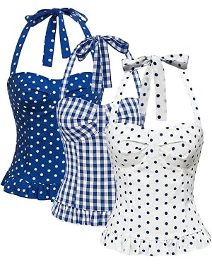 MakeMeChic Women's 3 Pack Casual Halter Tops Polka Dots Gingham Print Shirred Back Summer Tank To... | Amazon (US)