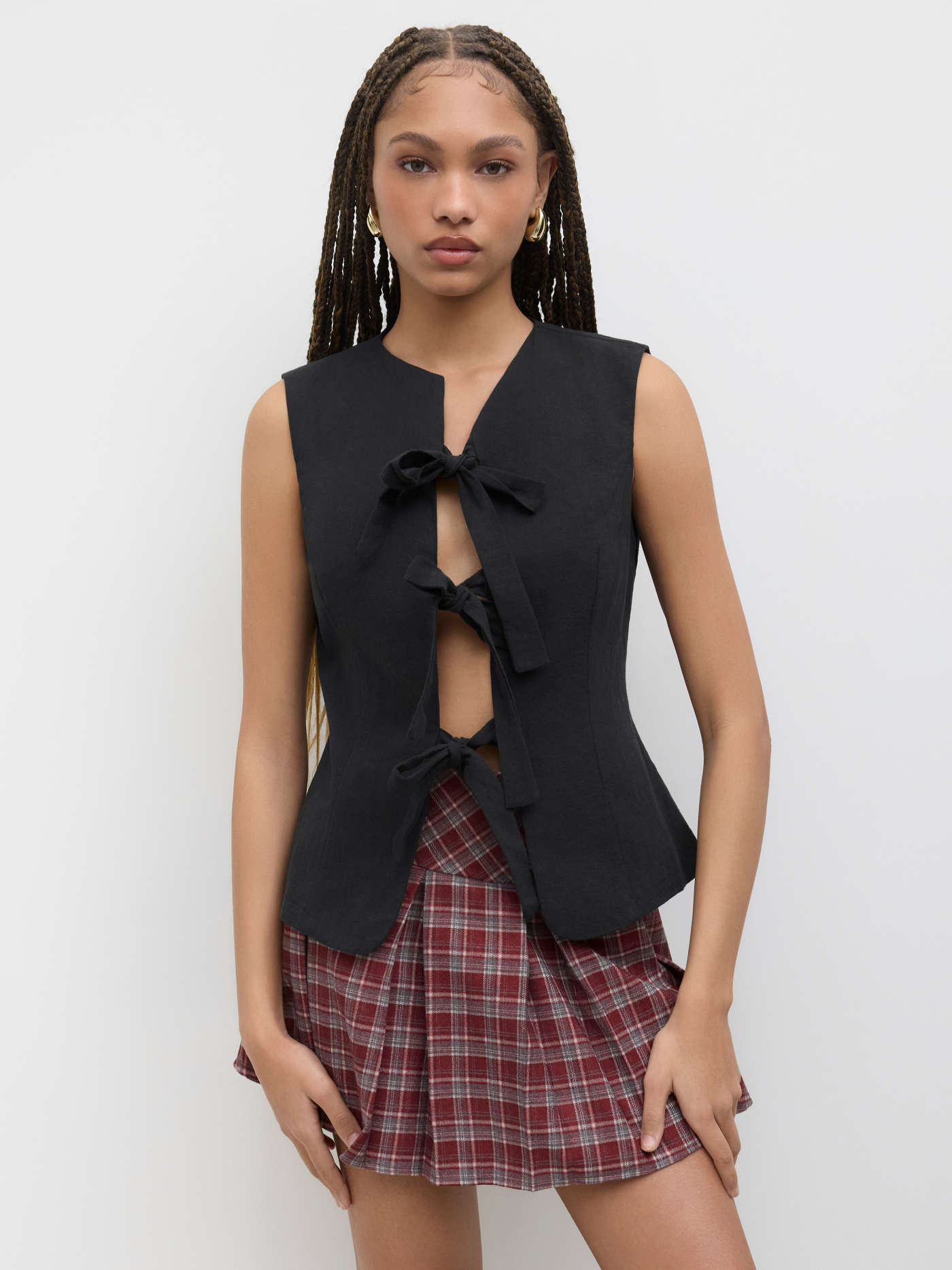 Woven Cotton 100% Cotton Round Neck Solid Bowknot Sleeveless Vest For Vacation | Cider