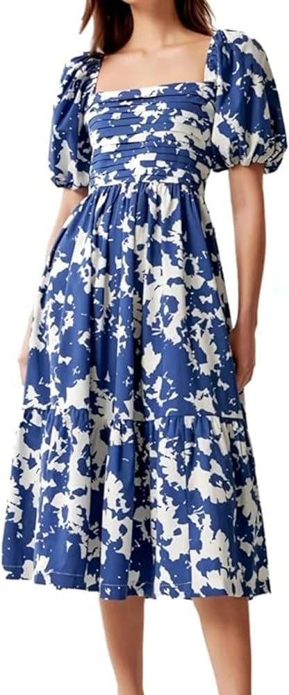 Poplin Puff Sleeve Midi Dress,Summer Casual Flowy Beach Floral Ruffle Maxi Dress,Women's Boho Squ... | Amazon (US)