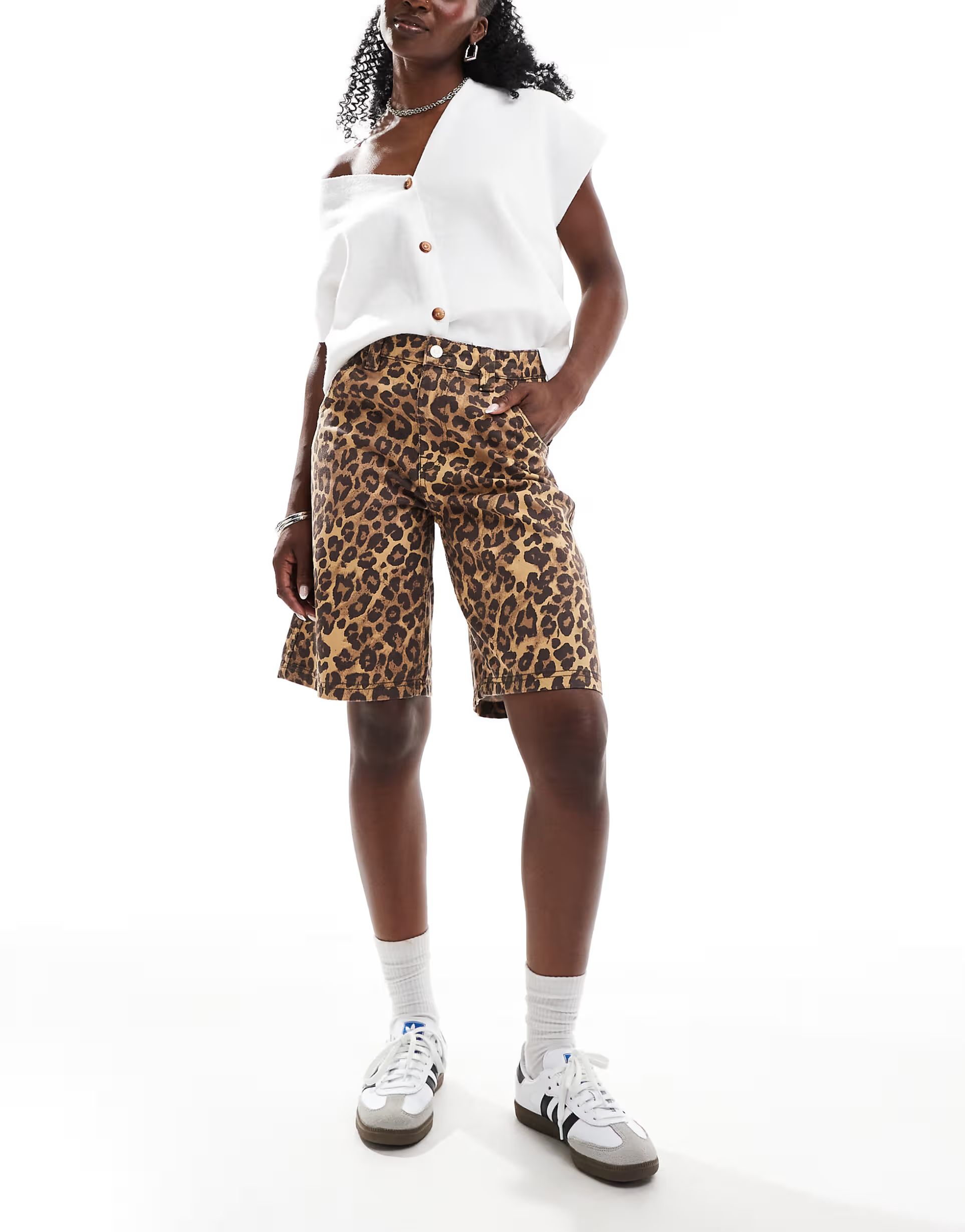 Bershka baggy longline shorts in leopard print | ASOS (Global)