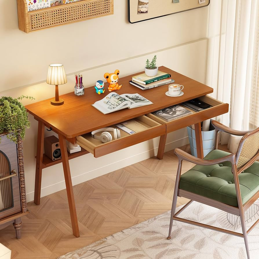 100% Solid Wood Writing Desk - 47.2" Mid Century Modern Desk, Home Office Desks with 2 Drawers and Storage Shelf, Small Computer Desks, Study Makeup Workstation for Bedroom/Living Room, Walnut | Amazon (US)