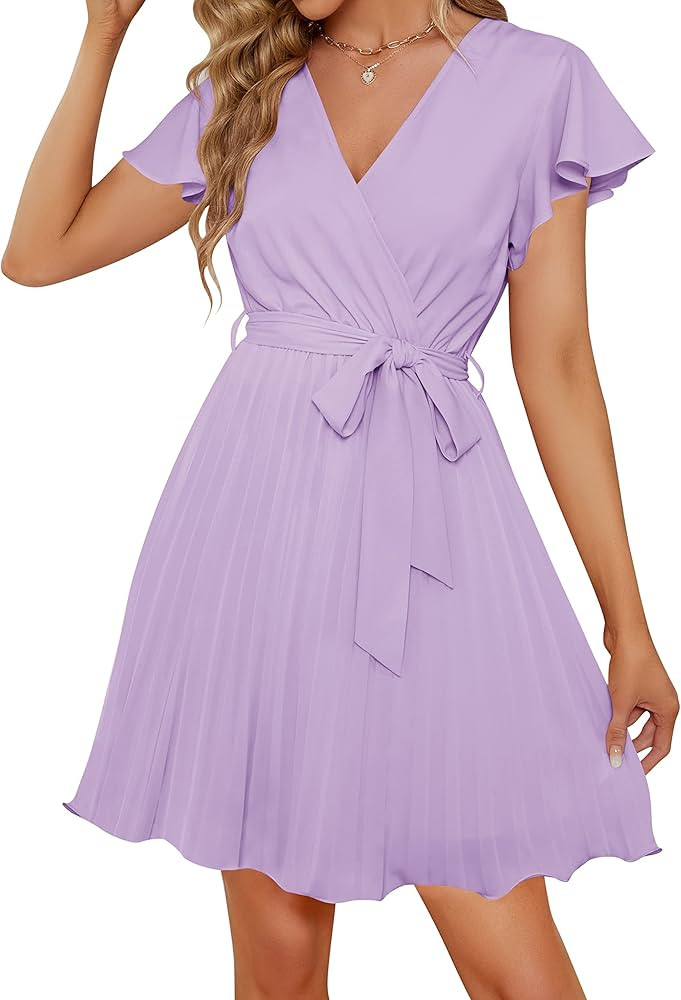 ZESICA Women's Wrap V Neck Mini Dress 2023 Summer Flutter Sleeve Tie Waist Pleated A Line Swing Wedd | Amazon (US)