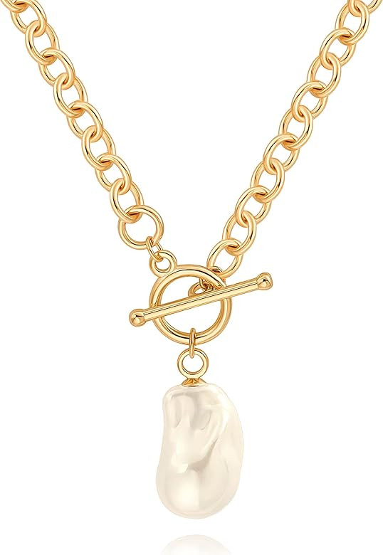 18k Gold Chain Link Necklace for Women, Baroque Pearl/Compass Pendant Necklace | Amazon (US)