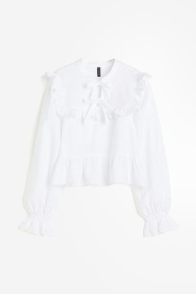 Tie-detail Ruffle-trimmed Blouse - White - Ladies | H&M US | H&M (US + CA)