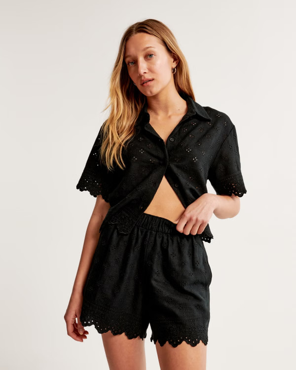 Women's Linen-Blend Embroidered Pull-On Short | Women's Bottoms | Abercrombie.com | Abercrombie & Fitch (US)