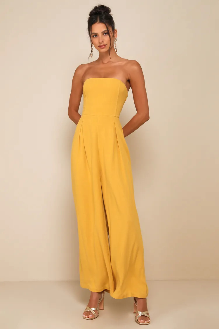 Breezy Essential Mustard Yellow Linen Wide-Leg Jumpsuit | Lulus