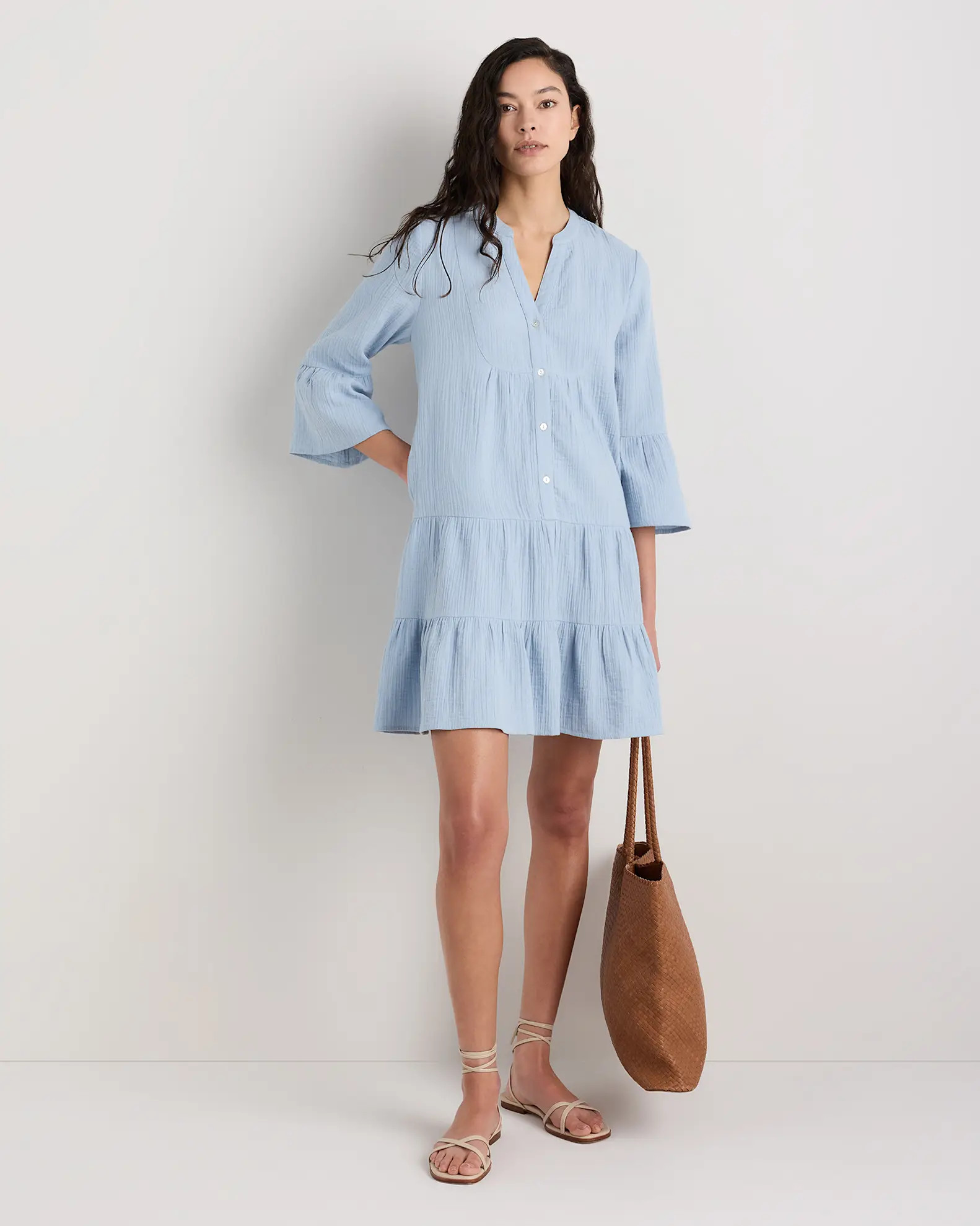 100% Organic Cotton Gauze Long Sleeve Tiered Mini Dress | Quince