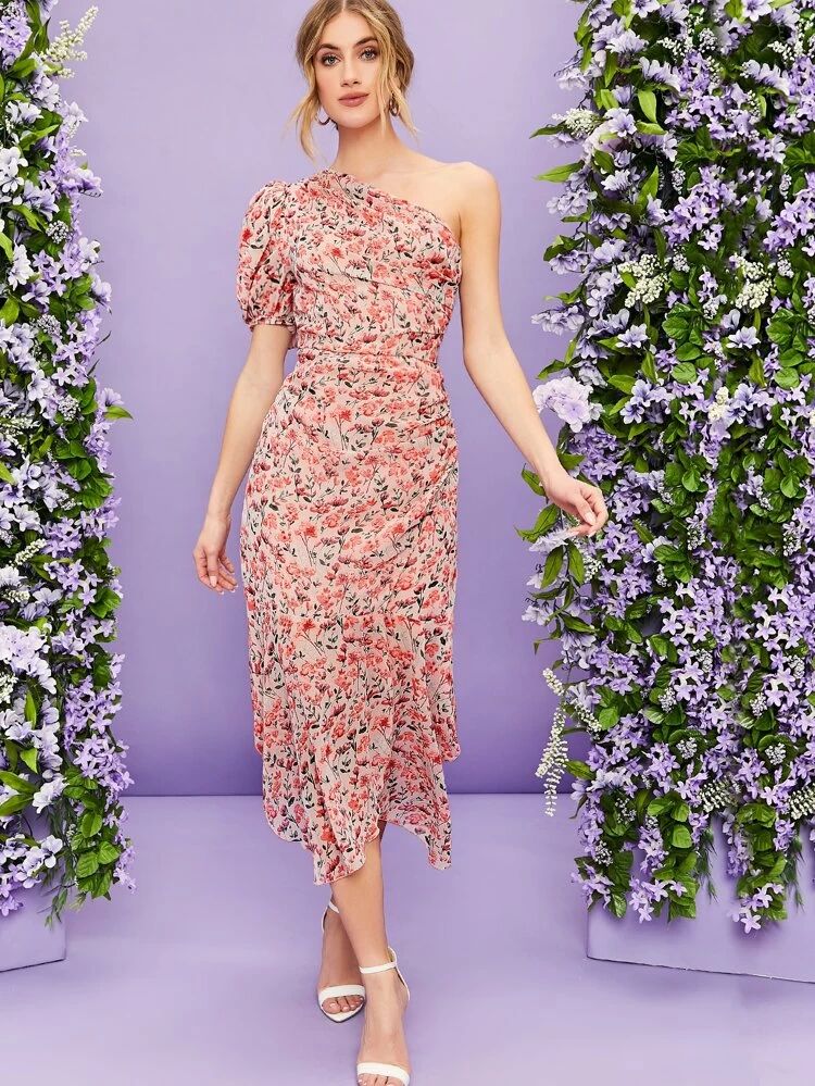SHEIN One Shoulder Ruched Ruffle Hem Floral Dress | SHEIN