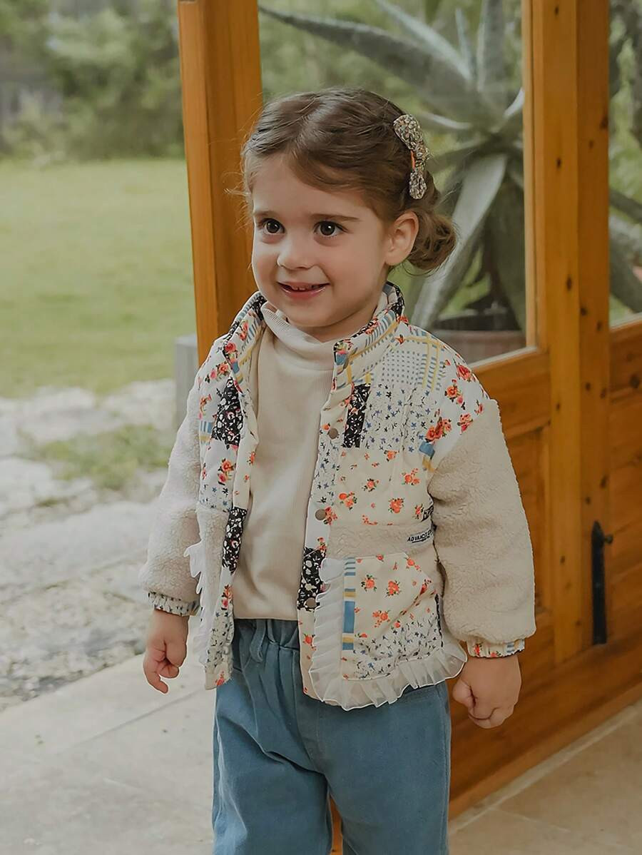 SHEIN Vintaside Kids Baby Girl's Patchwork Floral Plush Sleeveless Short Jacket/Vest | SHEIN